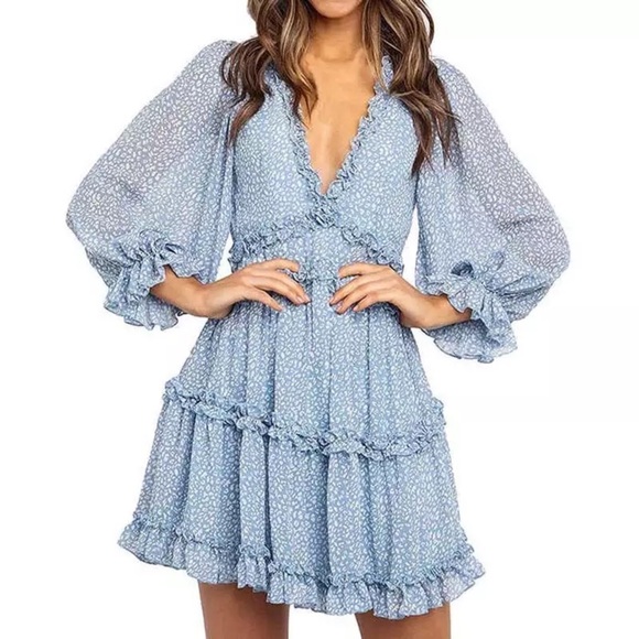SOLD OUT Blue Ruffle Chiffon Open Back Mini Dress - Picture 2 of 3